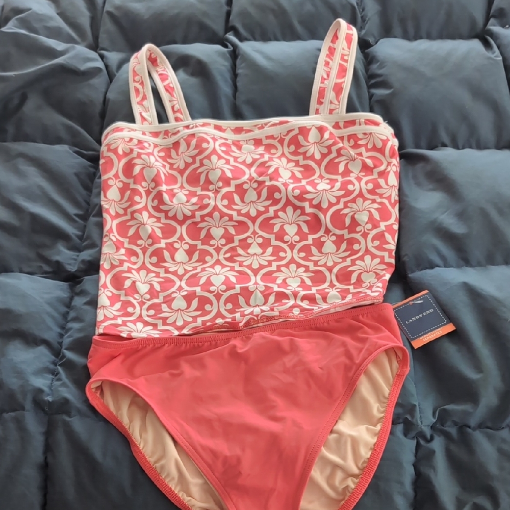 Lands' End Pink and White One Piece Swimsuit